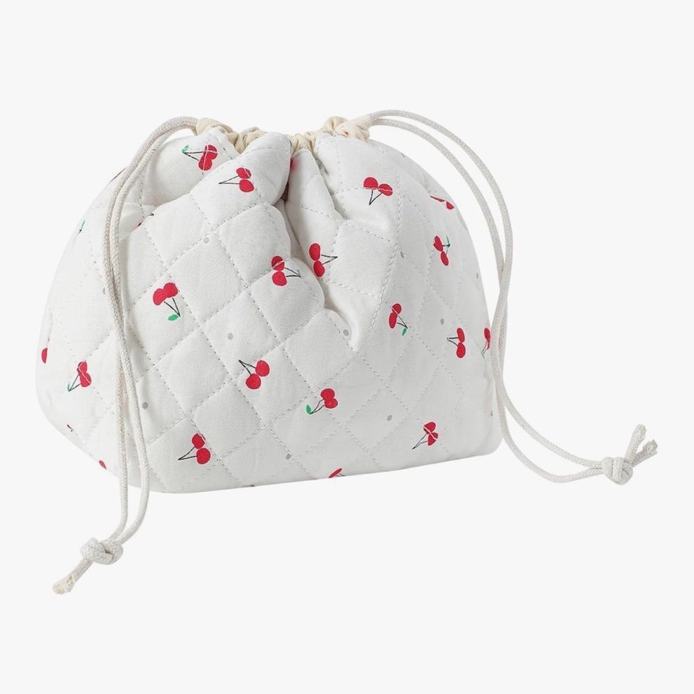 New Cherry Print Cotton Quilted Drawstring Makeup Bag With Canvas Lining
